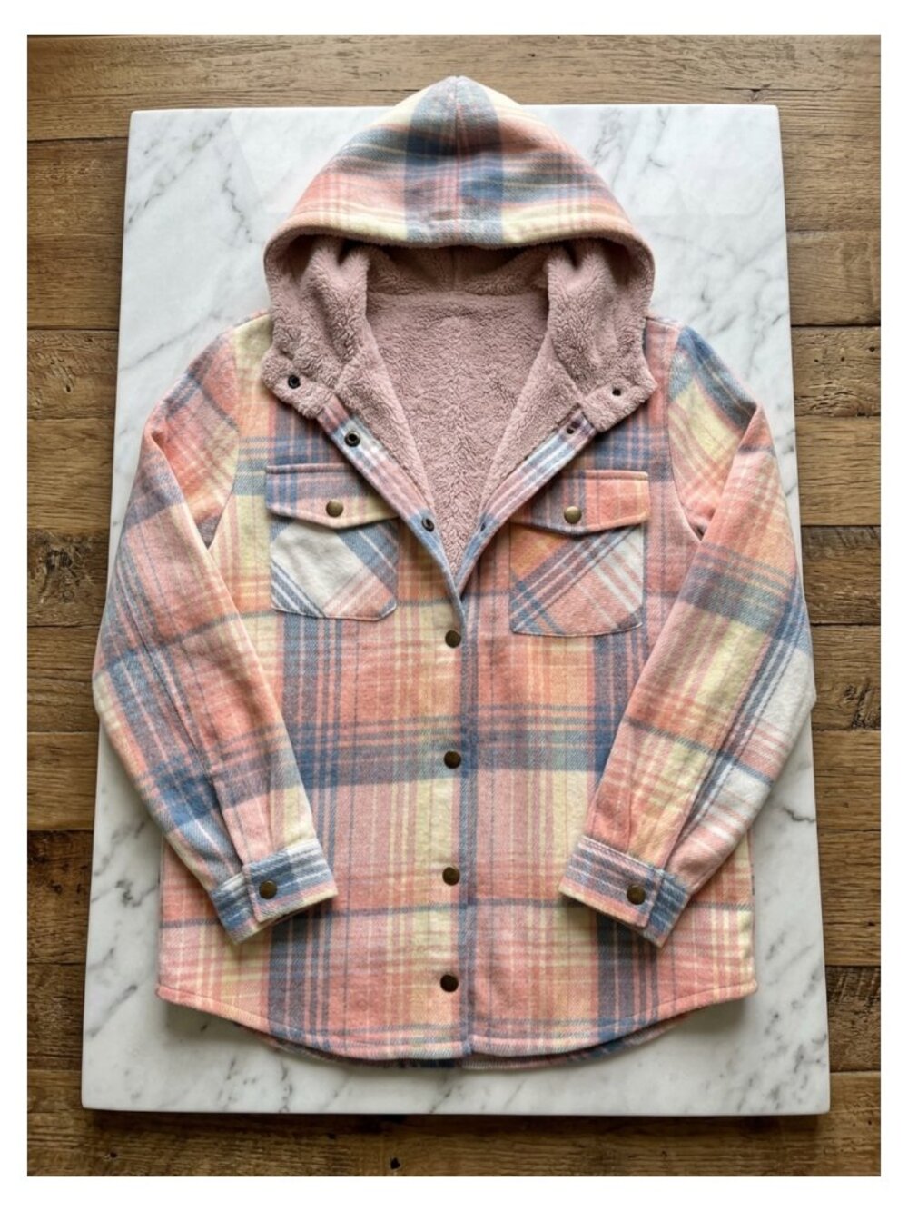 Women's Fleece Lined Plaid Hooded Shacket Button Front Winter Coat